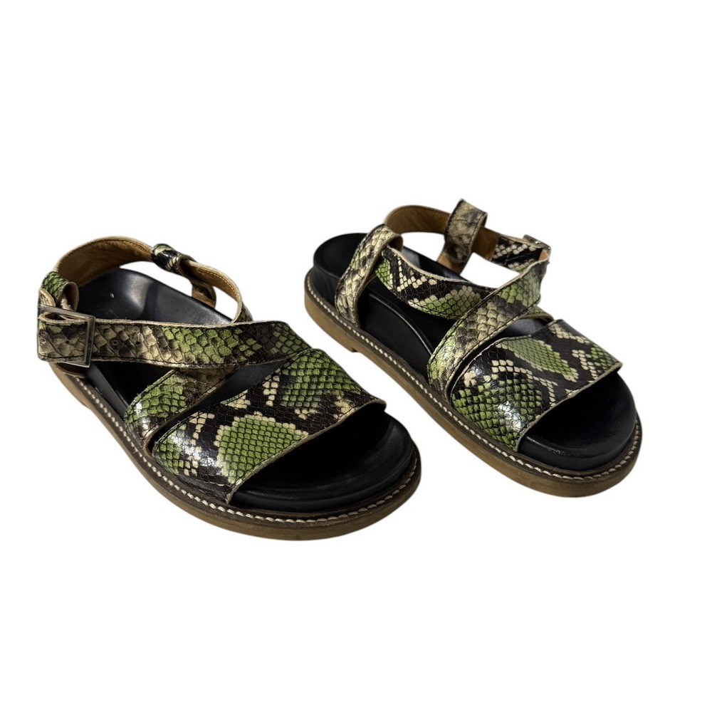 Ganni Green and Black Snake-Print Strappy Sandals